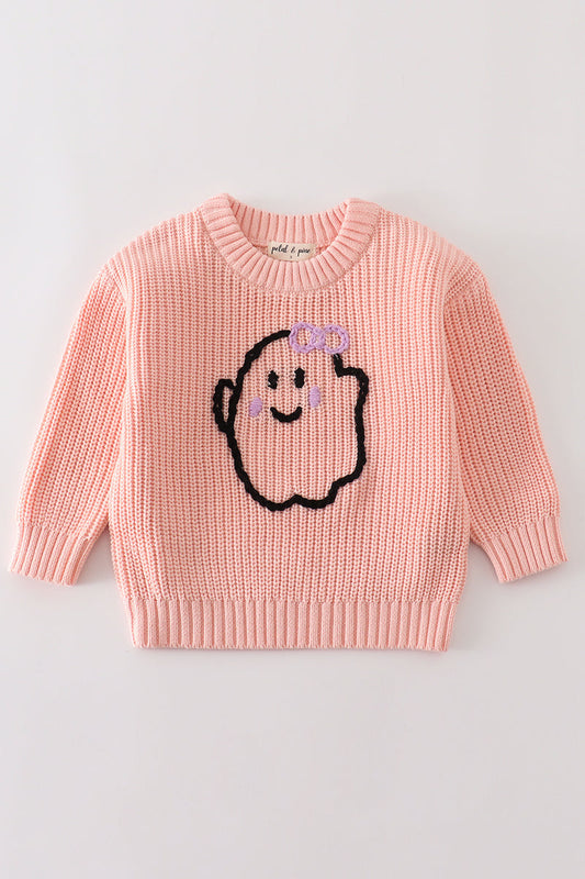 Pink hand-embroidery ghost pullover sweater