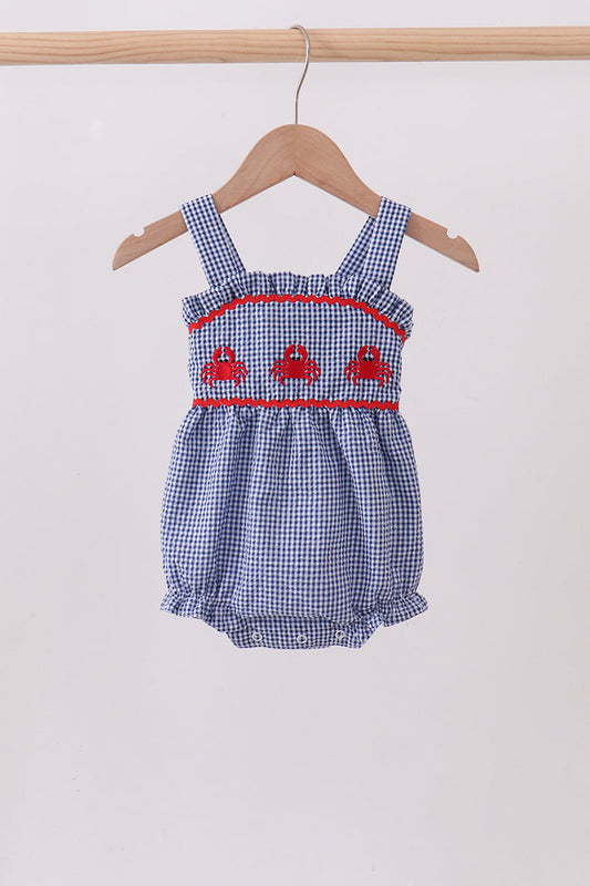 Blue crab embroidery gingham ruffle bubble