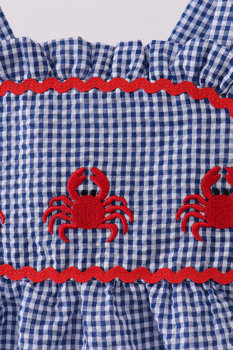 Blue crab embroidery gingham ruffle bubble
