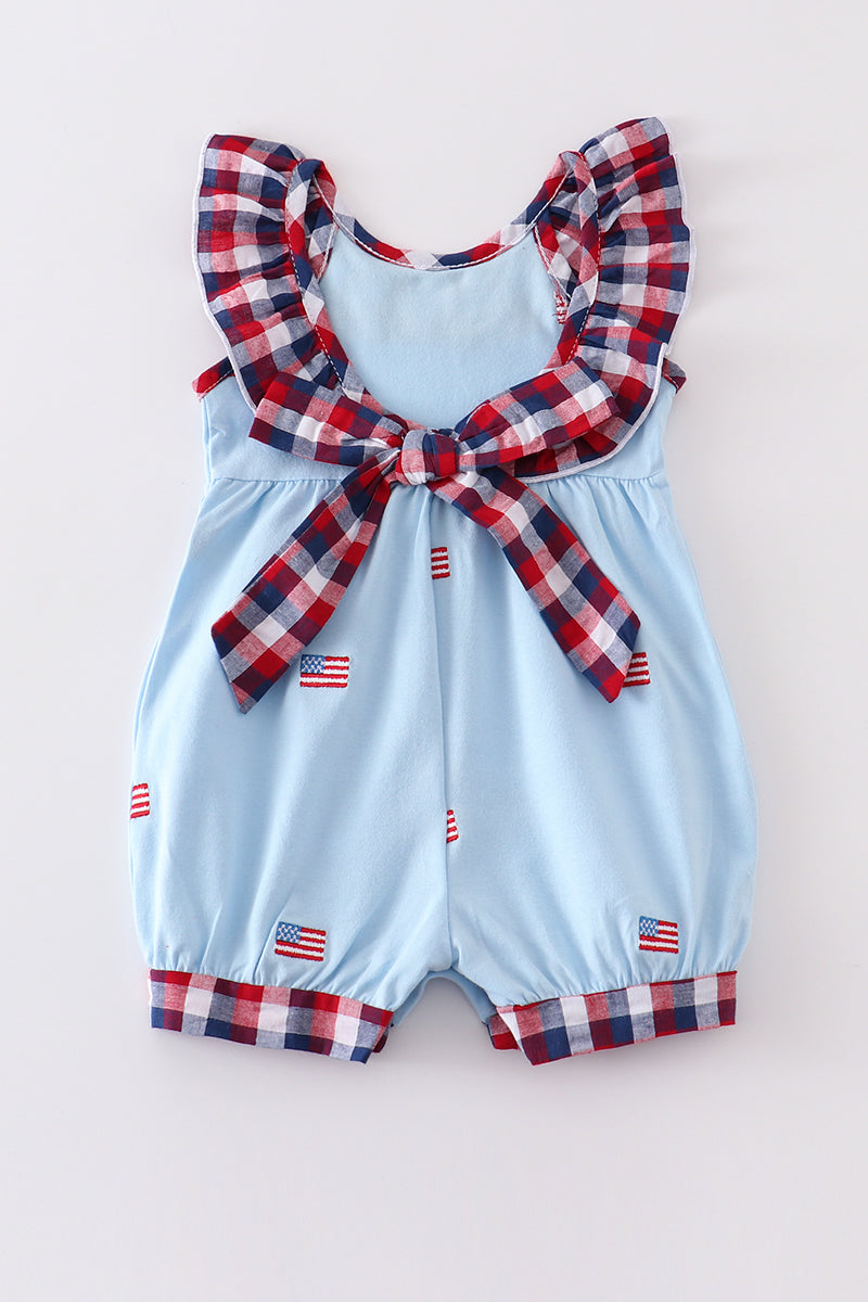 Premium Blue patriotic flag embroidery girl romper