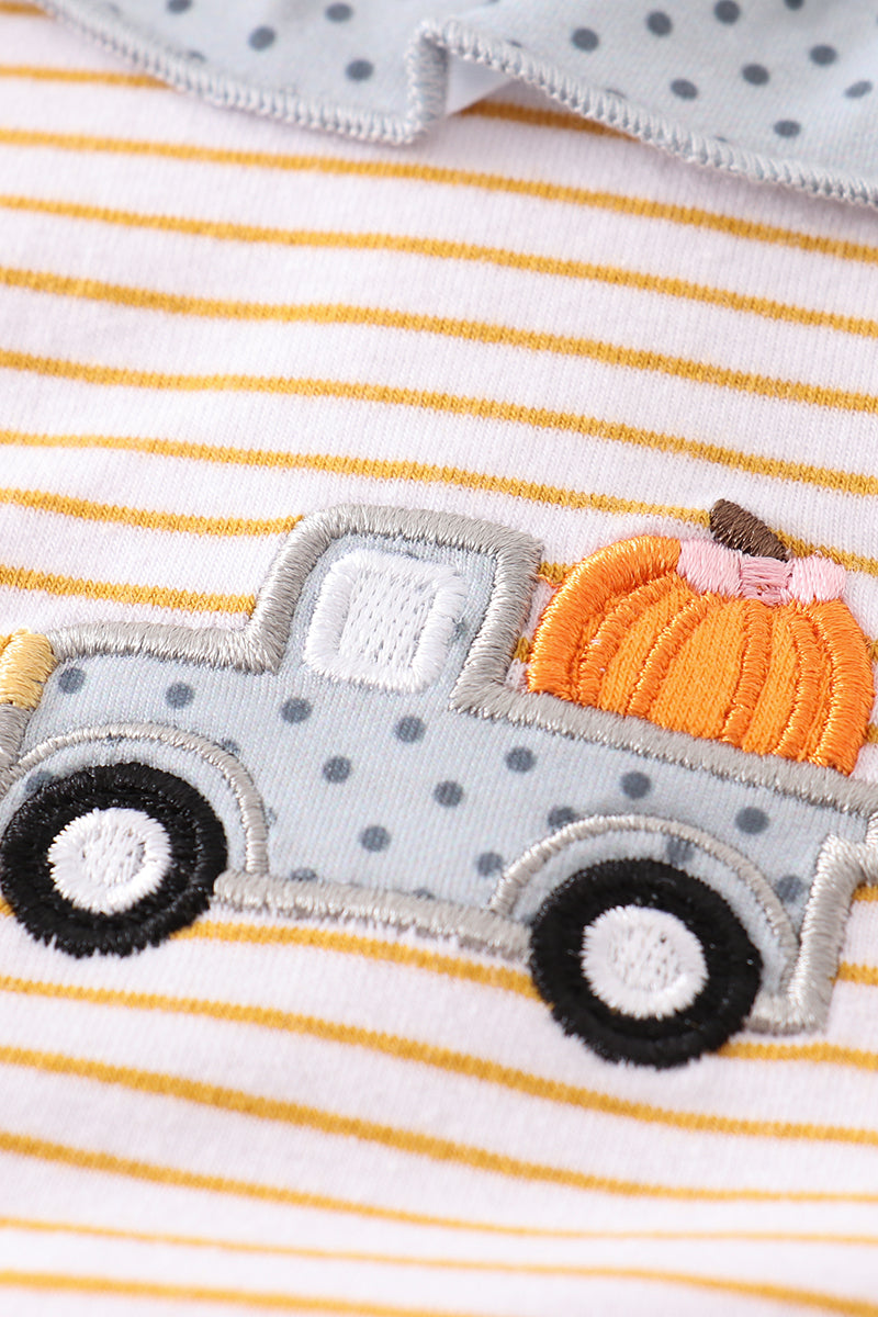 Premium Beige stripe truck pumpkin applique girl set