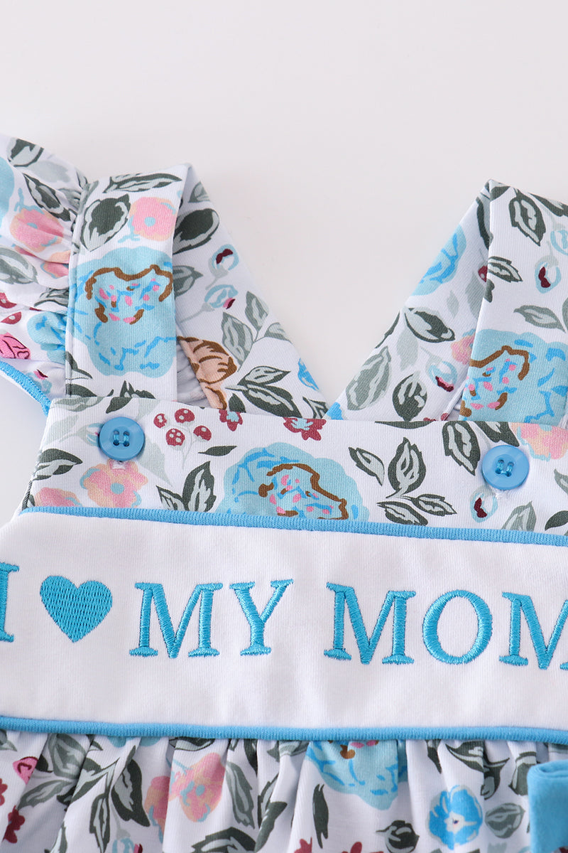 Premium blue floral I love mom embroidery bloomer set