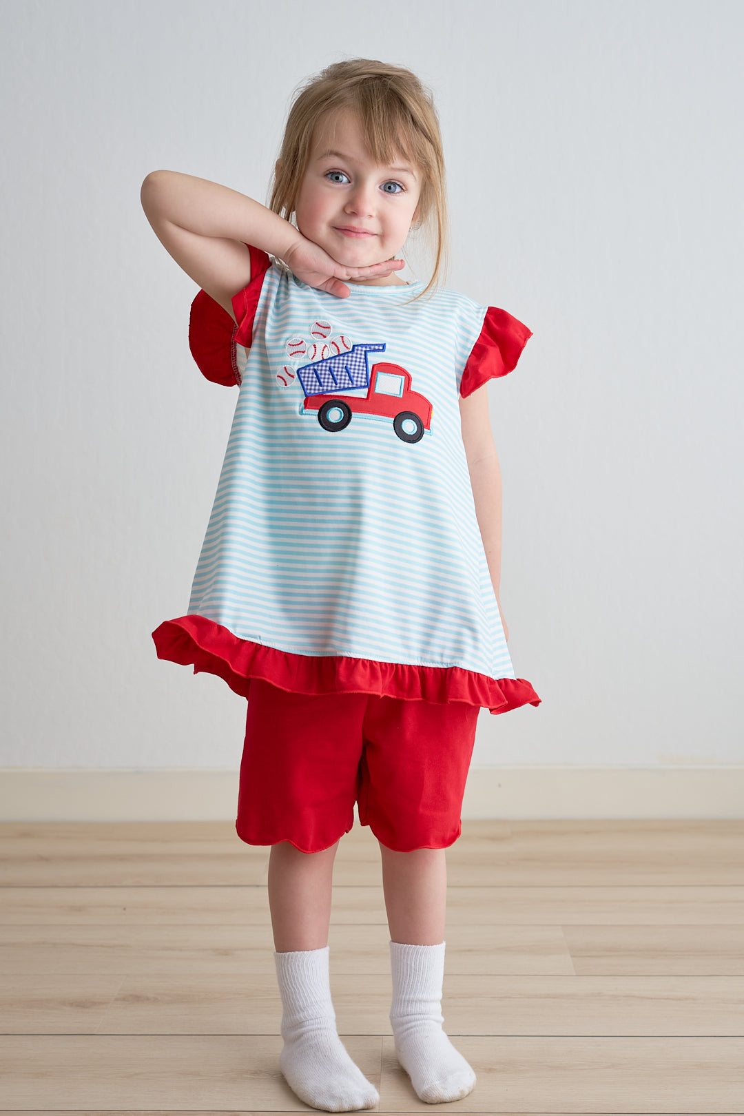 Blue stripe truck baseball applique girl set