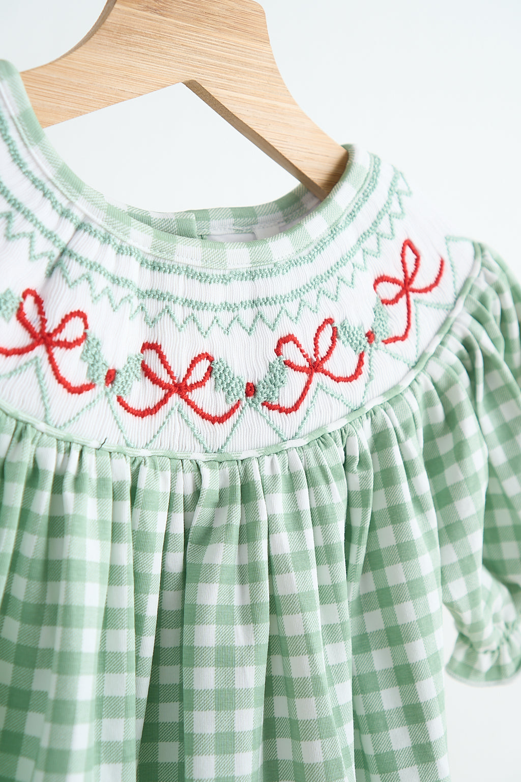 Green bow tie hand smocked gingham dress