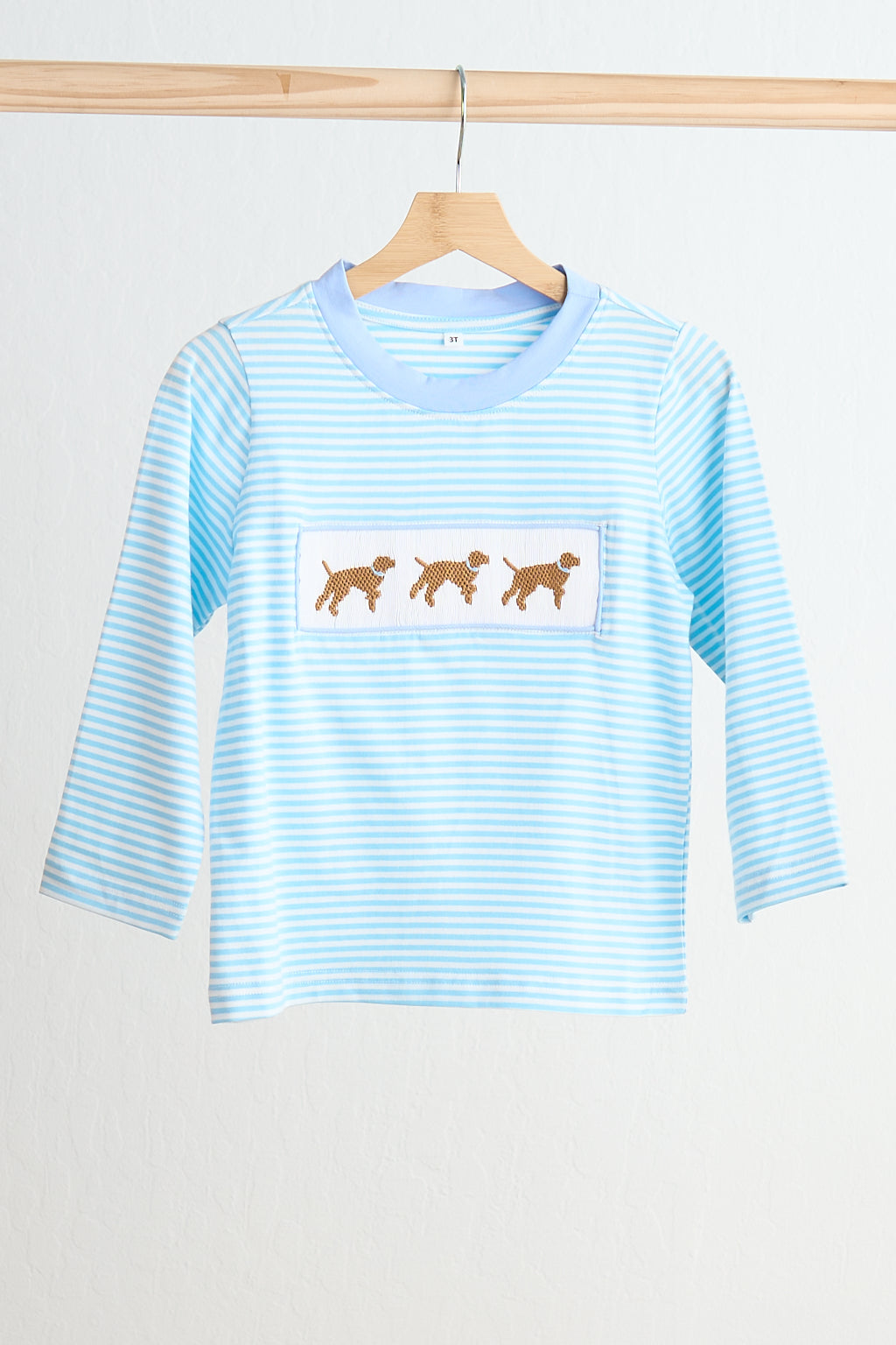 Blue puppy hand smocked boy stripe top