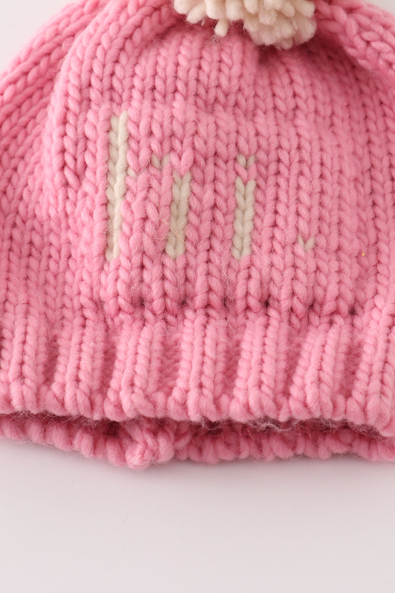 Pink pompom hi cable beanie