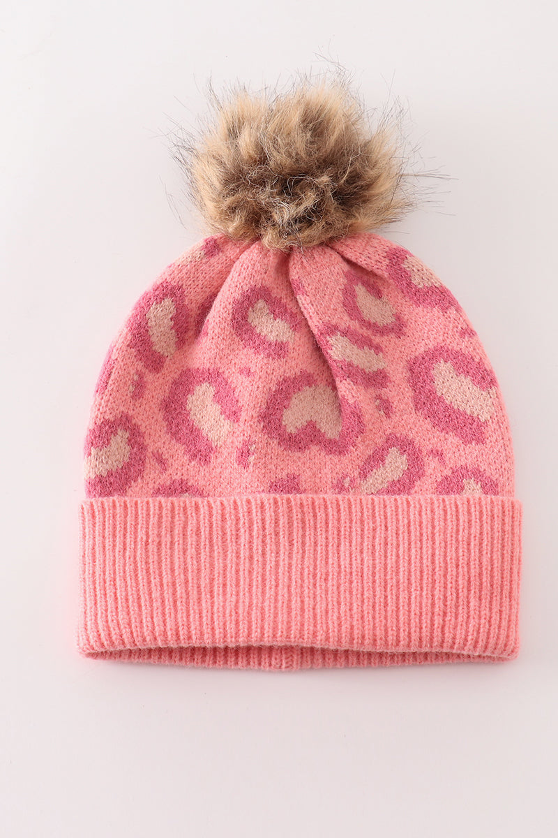 Pink pompom leopard cable beanie