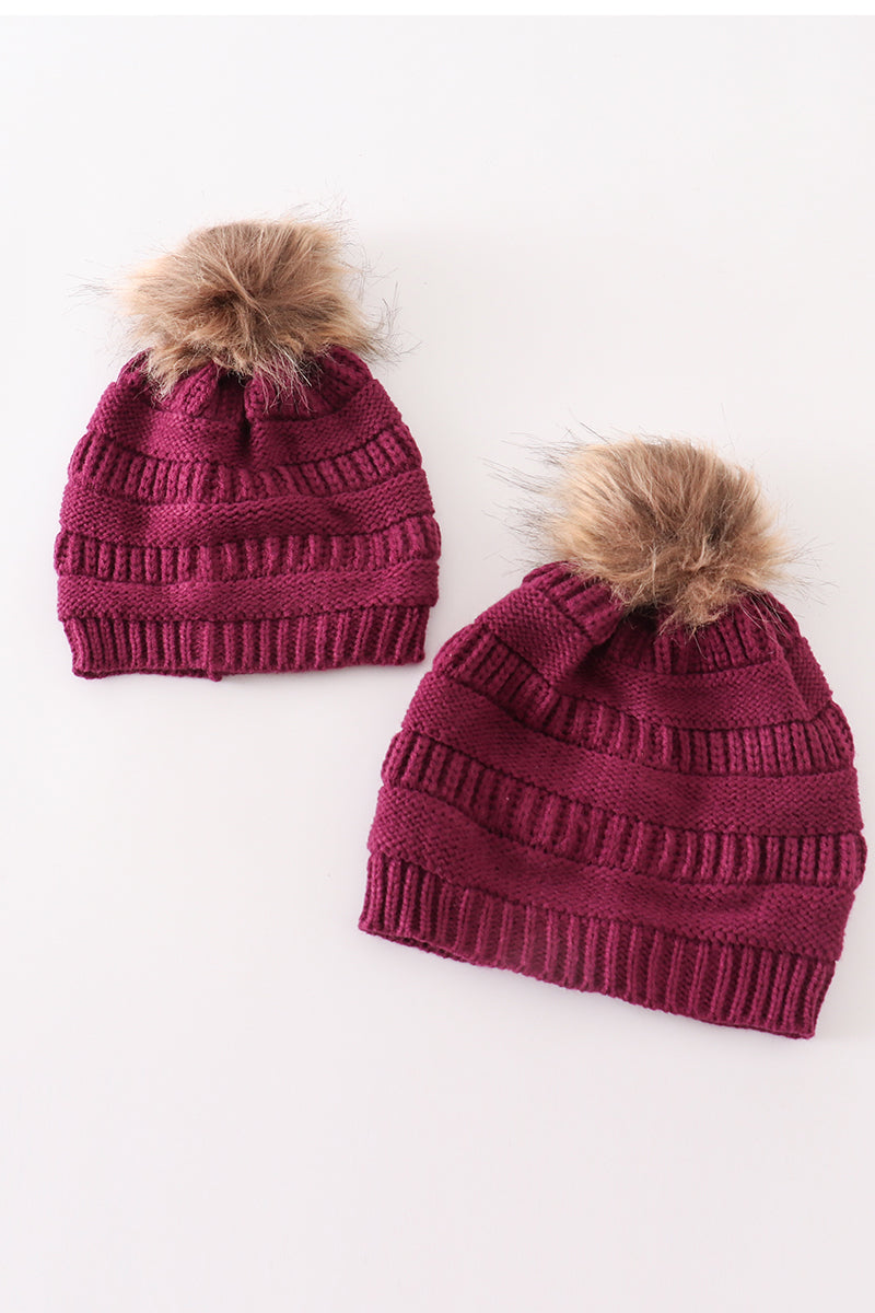 Violet pompom cable beanie