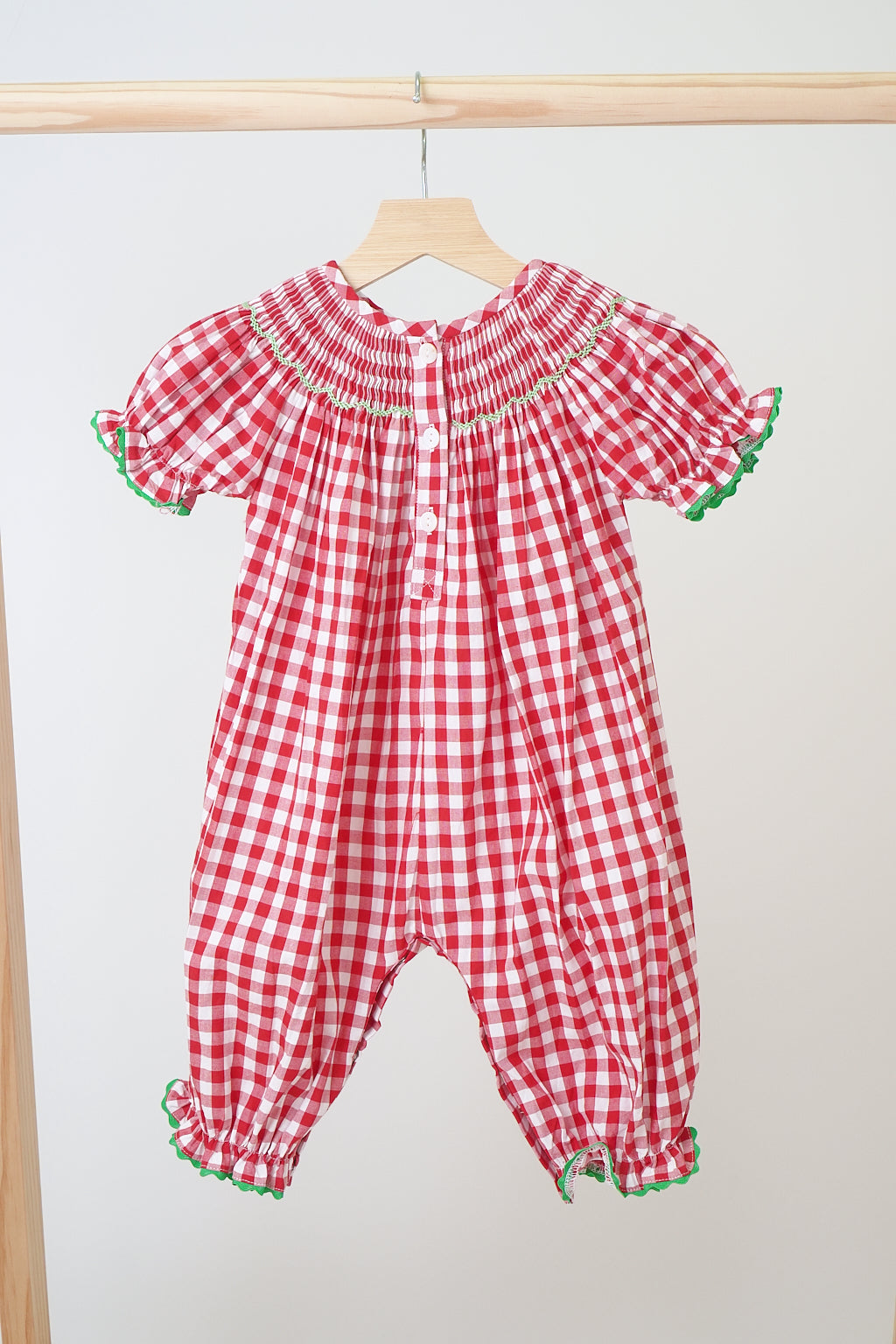 Red chrismtas santa tree reindeer hand smocked gingham romper