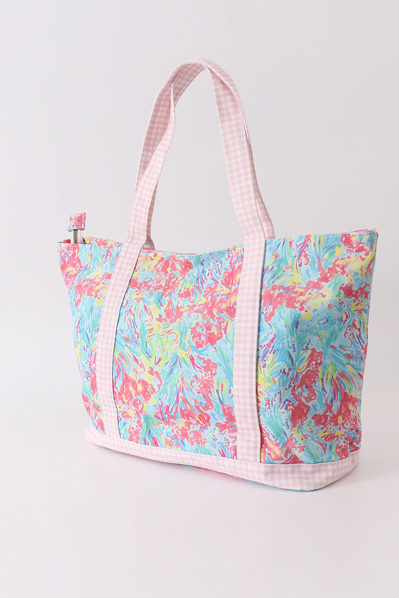 Green floral plaid tote bag