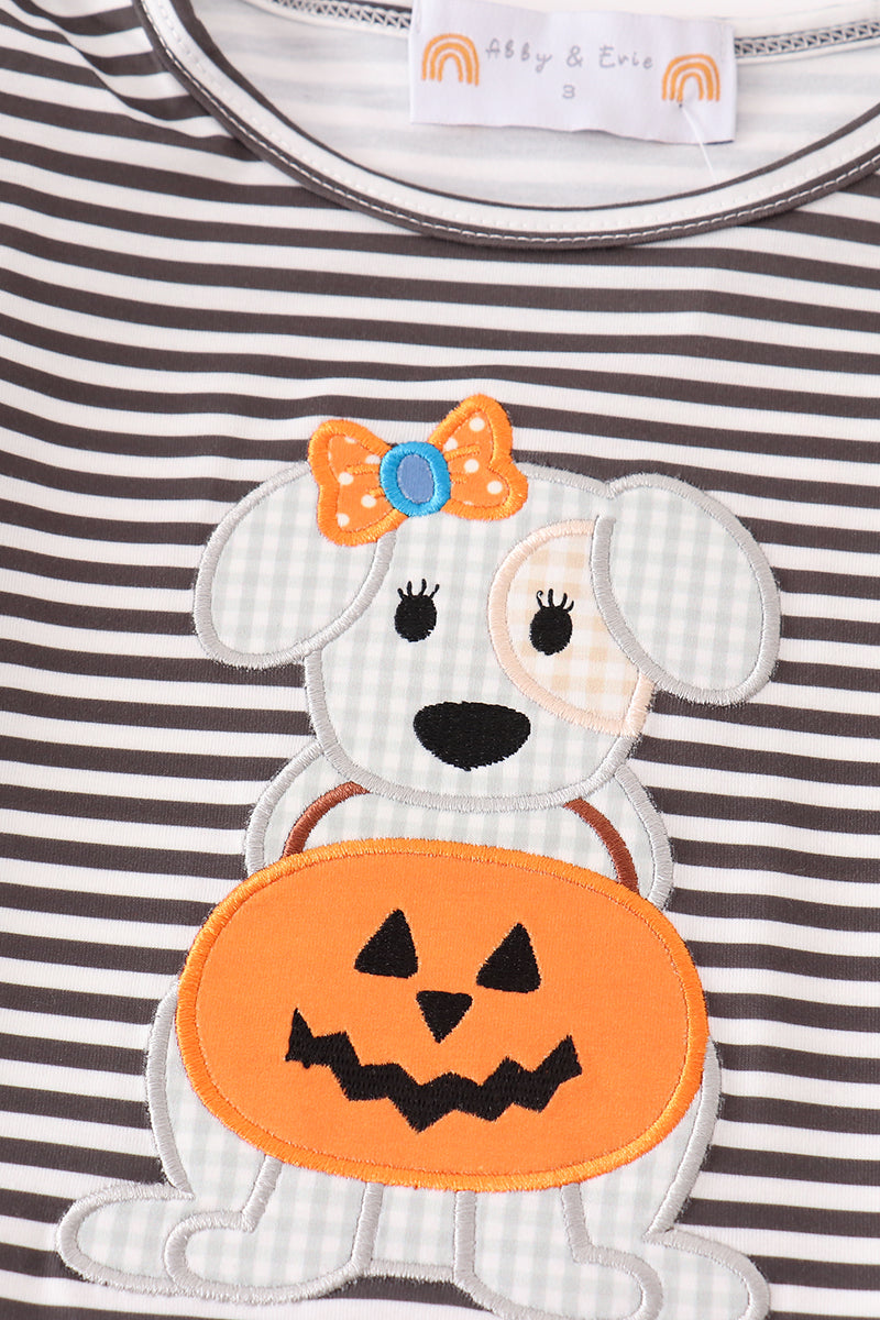 Halloween pumpkin puppy stripe applique girl set