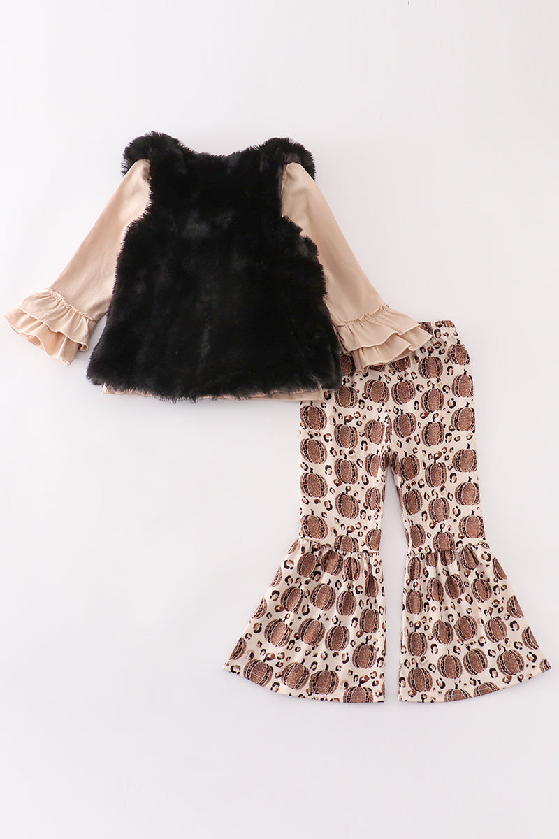 Pumpkin print vest 3pc pants set