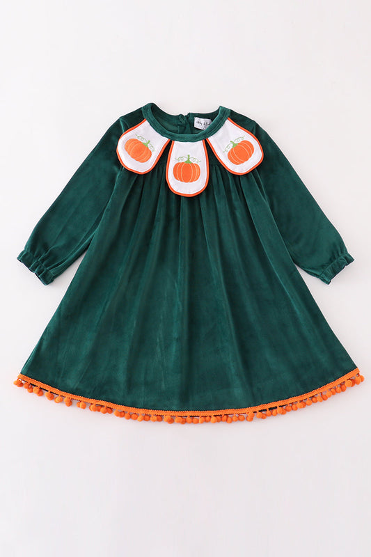 Forest velvet pumpkin embroidery girl dress