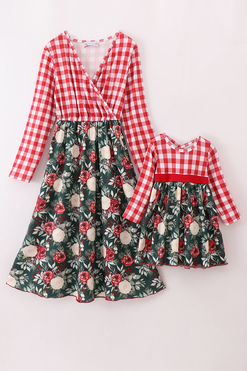 Red floral gingham mom&me dress