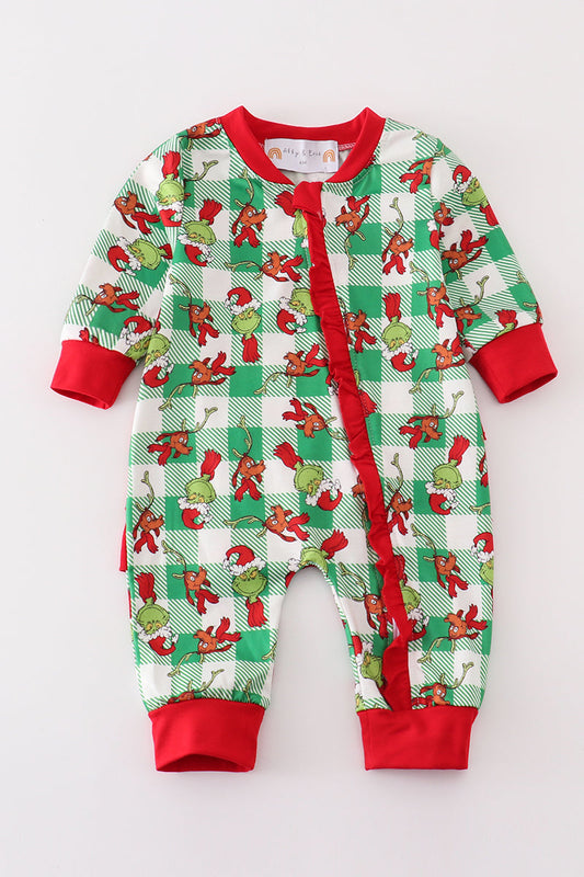 Green grinch print plaid ruffle zip girl romper