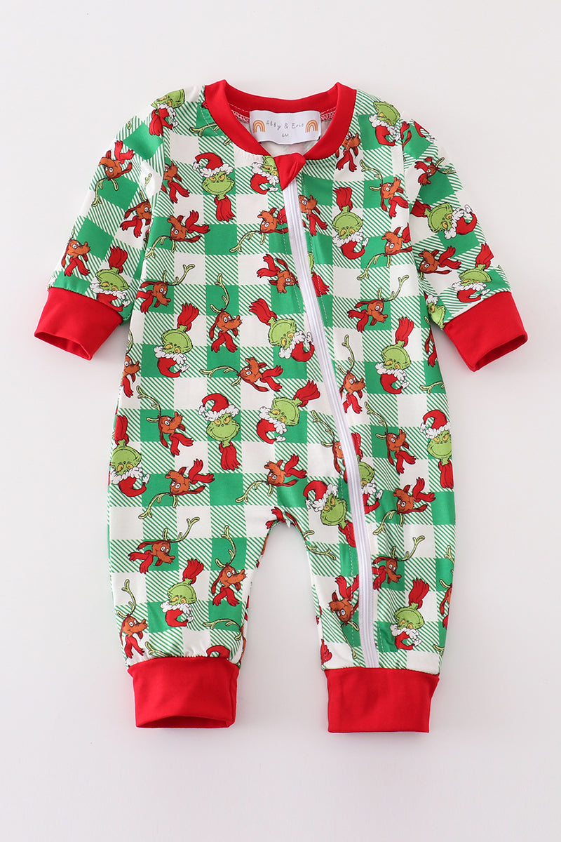 Green grinch print plaid zip boy romper