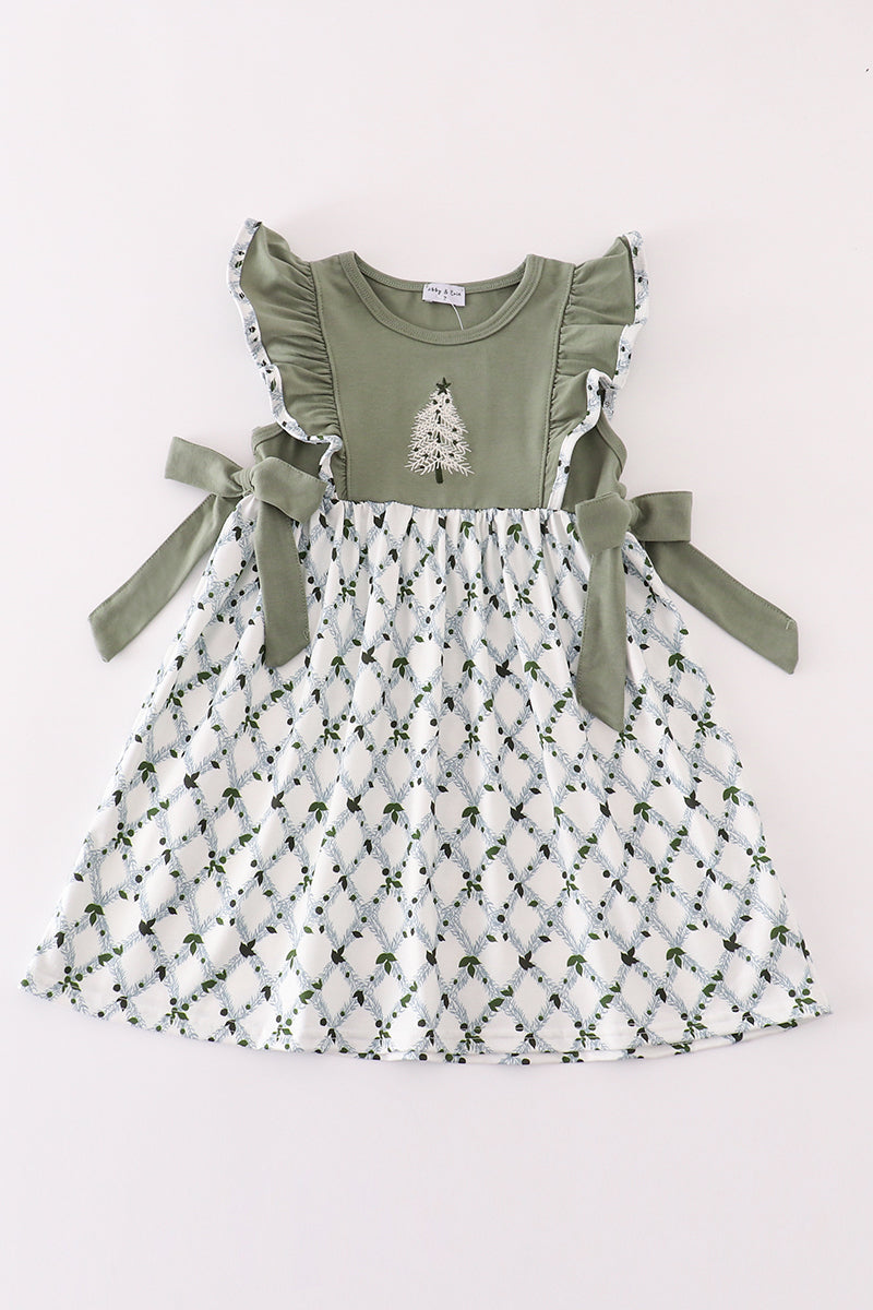 Sage christmas tree embroidery girl dress