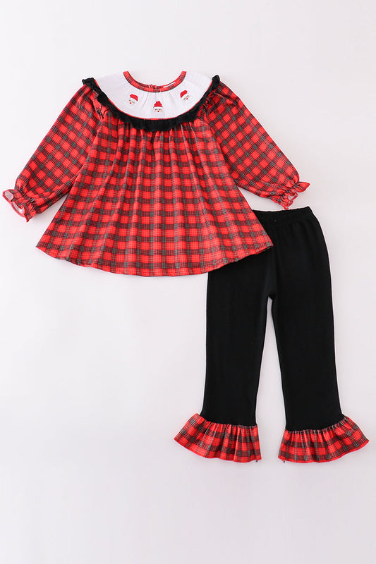 Red christmas santa embroidery smocked plaid bishop girl set