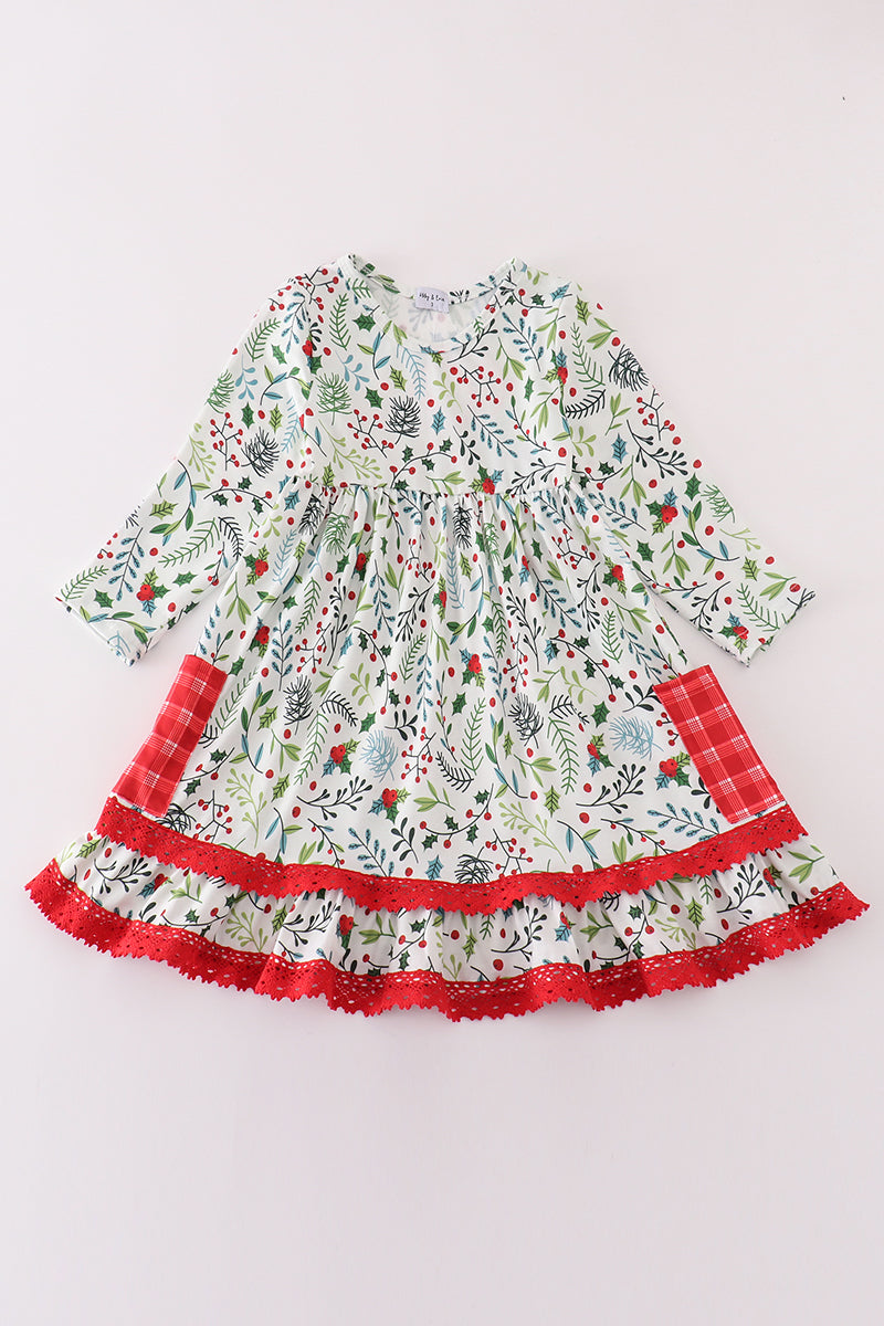 Christmas print ruffle dress