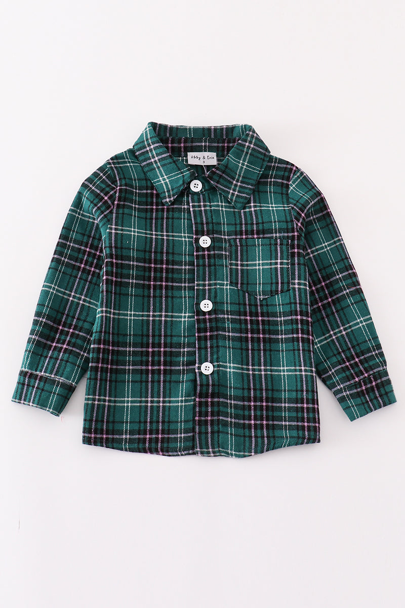 Green plaid boy button down shirt