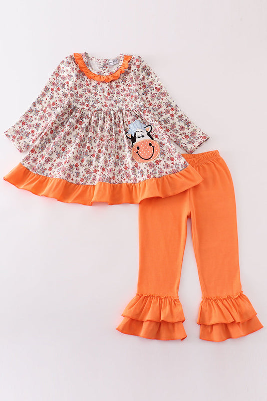 Coral floral cow applique girl set