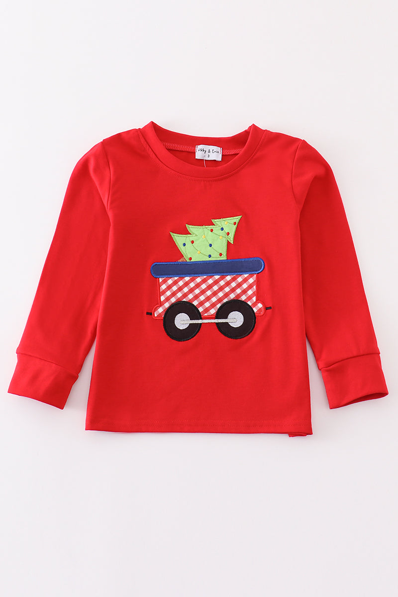 Red trolley christmas tree applique boy top