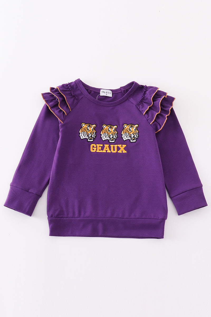 Purple geaux embroidery girl ruffle top