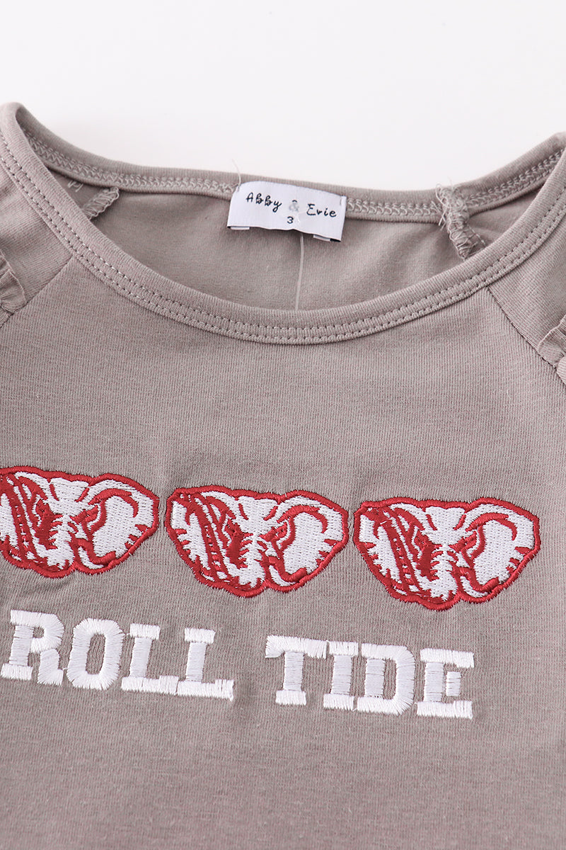 Grey roll tide embroidery girl ruffle top