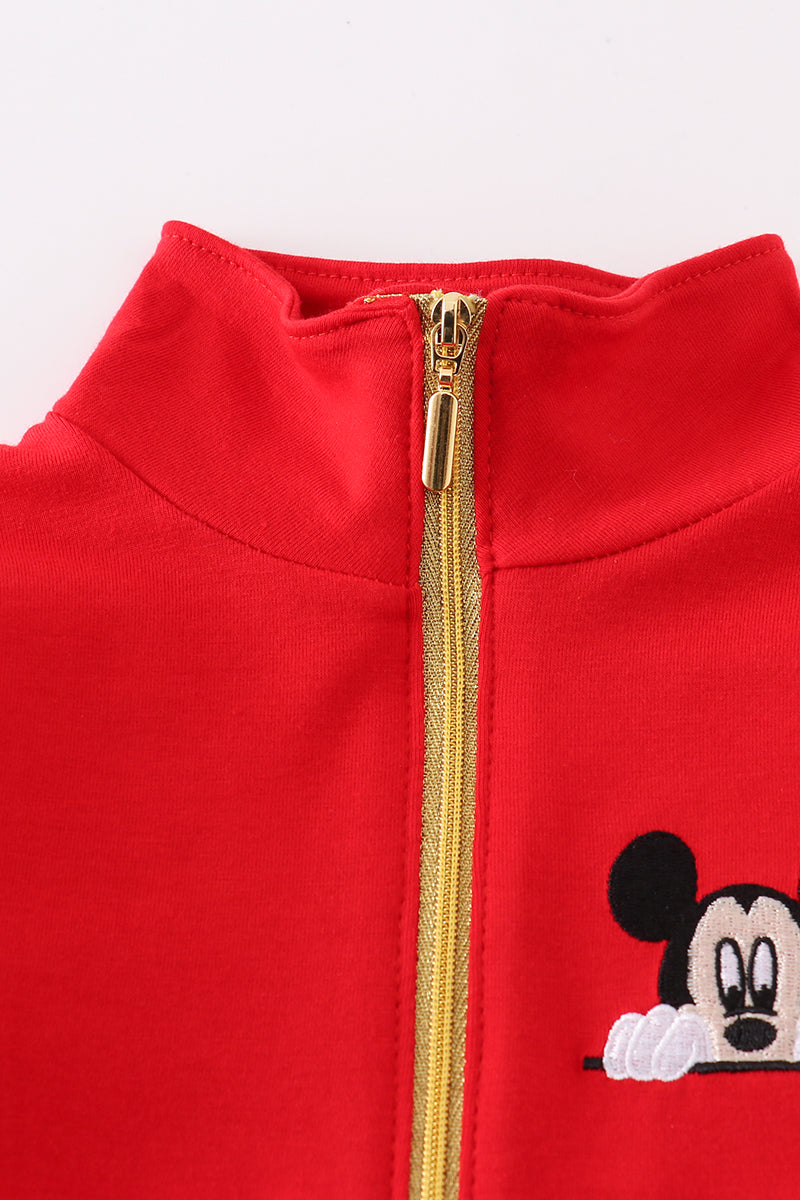 Red character embroidery boy zipper pullover