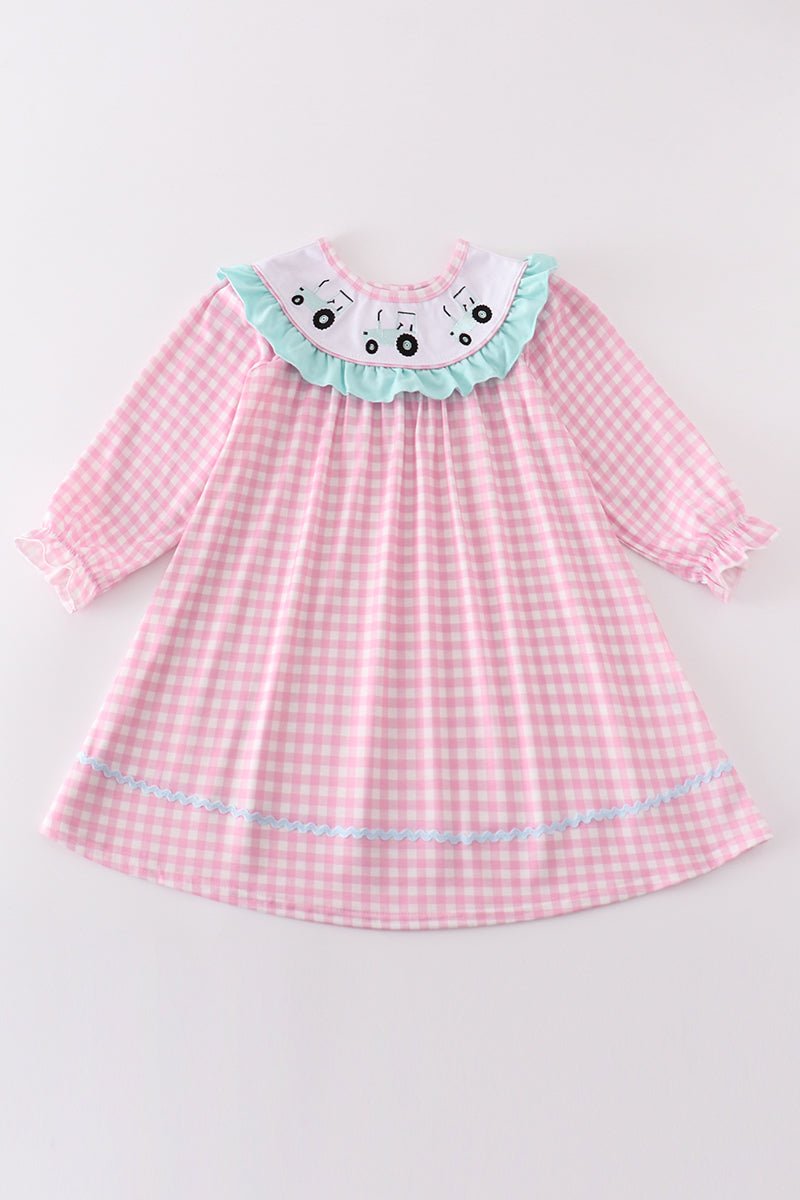 Pink tractor embroidery gingham dress