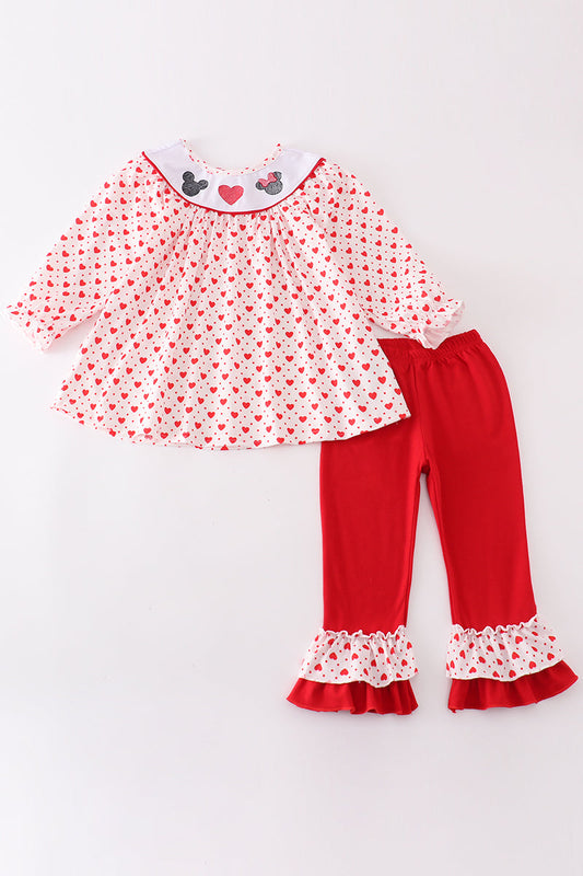 Red heart character embroidery girl set