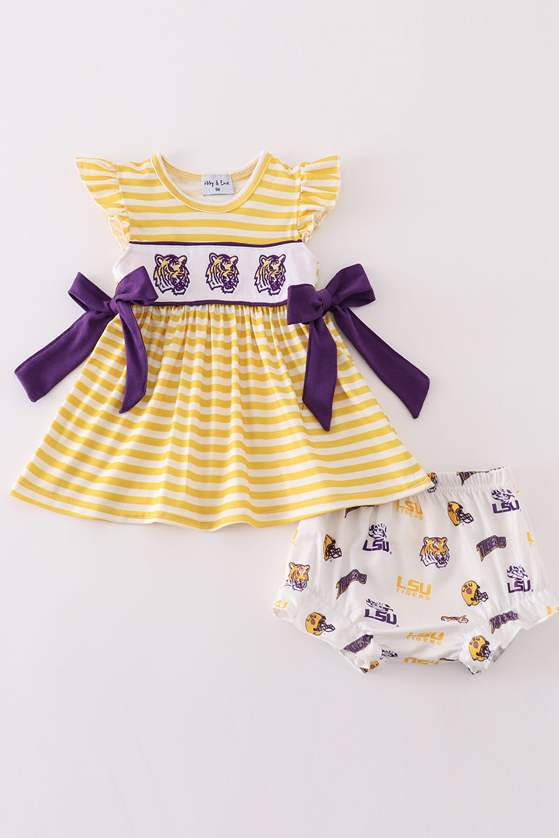 Yellow tiger embroidery LSU girl bloomer set