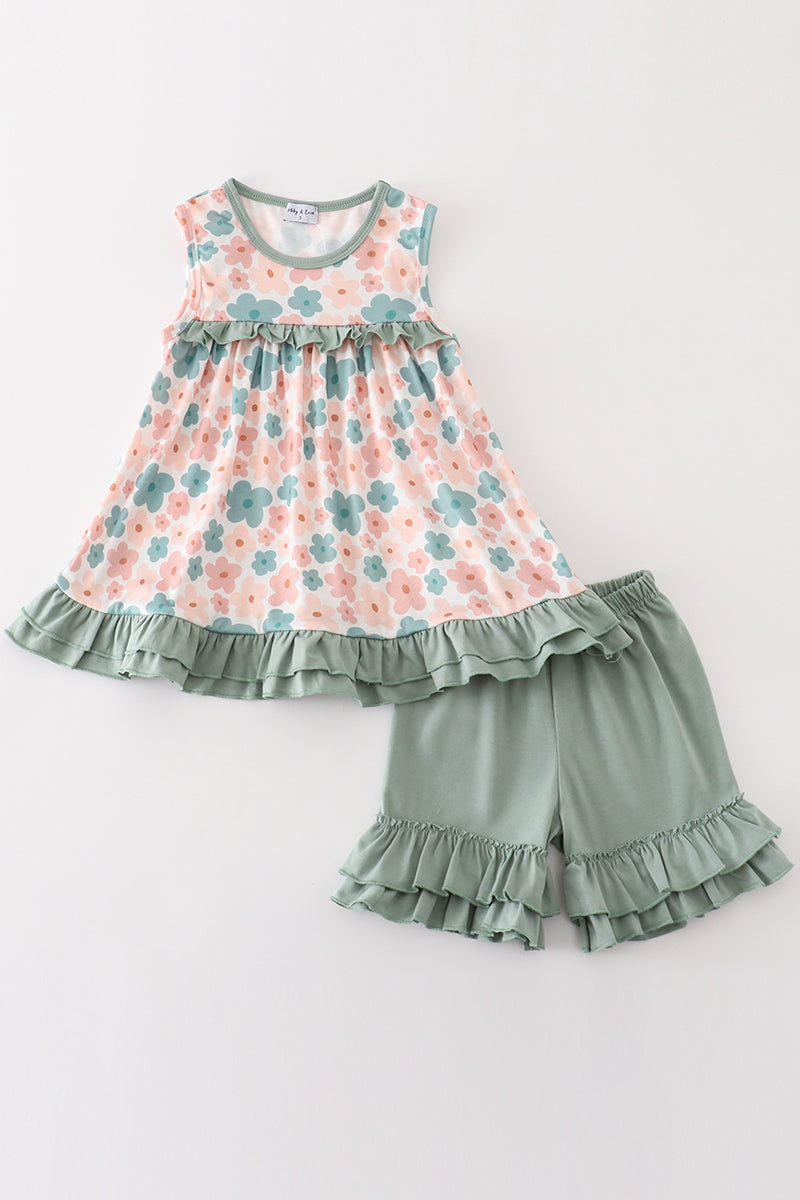 Green floral print girl set