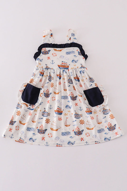 Navy beach print girl dress