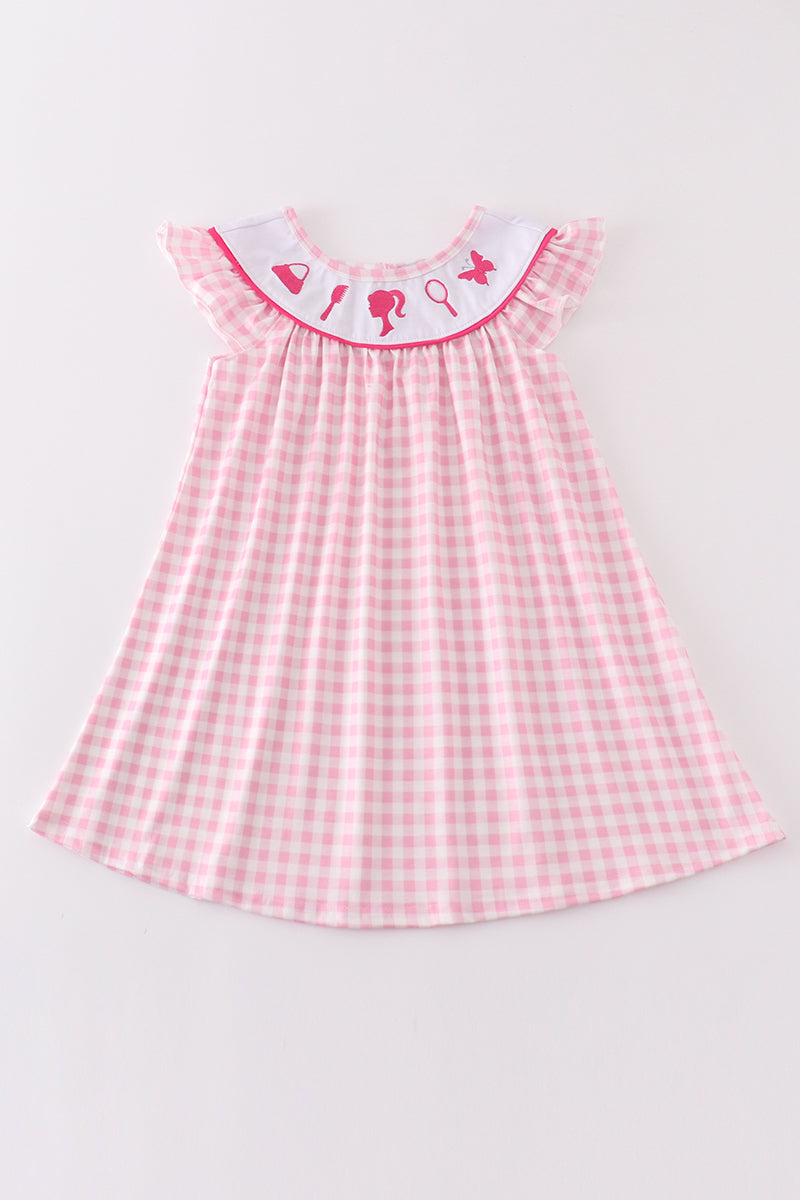 Pink barbie embroidery gingham girl dress