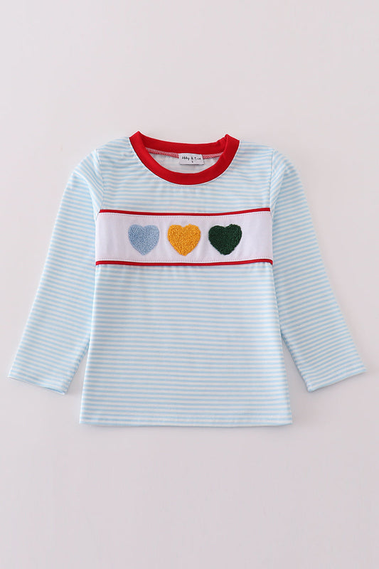 Blue stripe heart french knot boy top