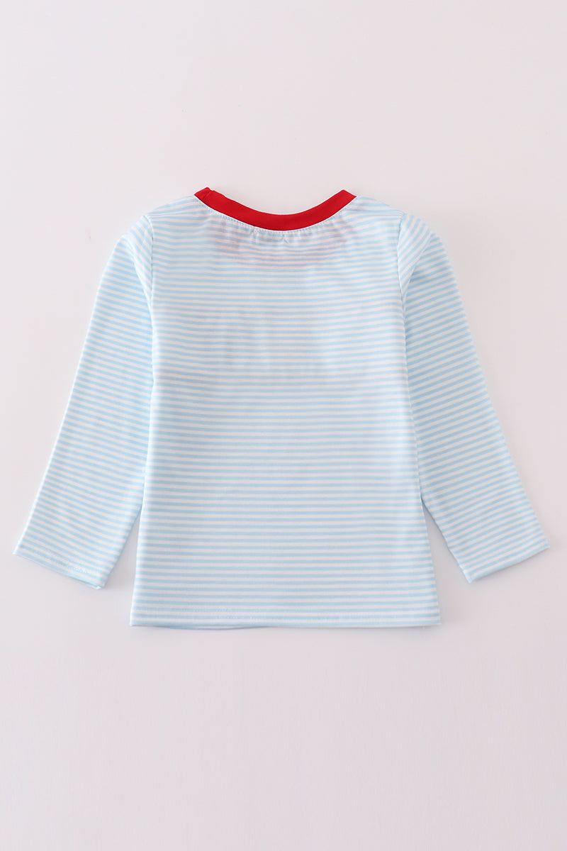 Blue stripe heart french knot boy top