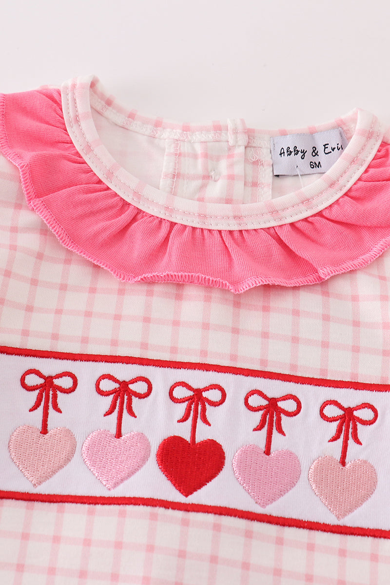 Pink plaid heart embroidery girl romper