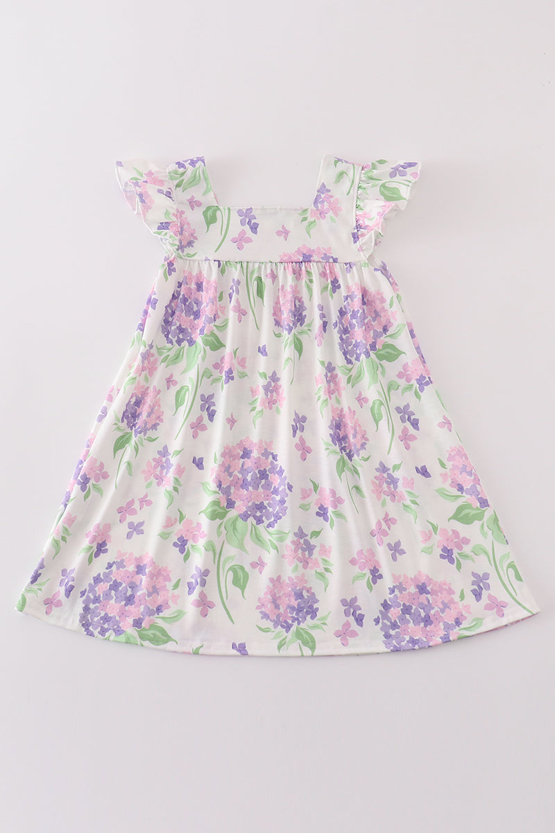 Purple hydragena print smocked girl dress