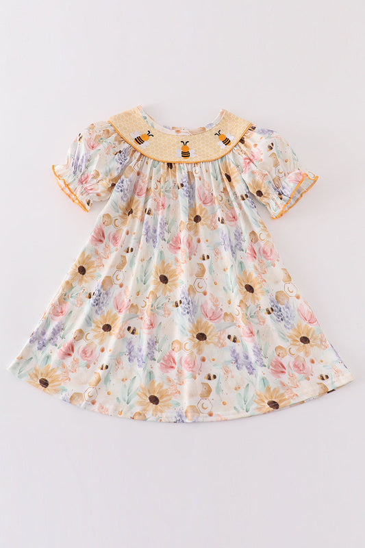 Yellow bee embroidery girl dress