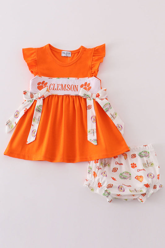 Orange clemson embroidery girl bloomer set