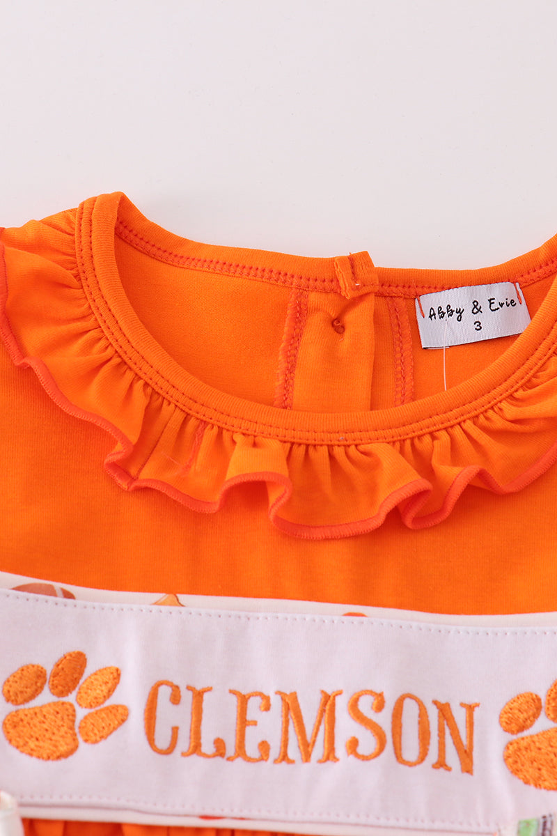 Orange clemson embroidery girl dress