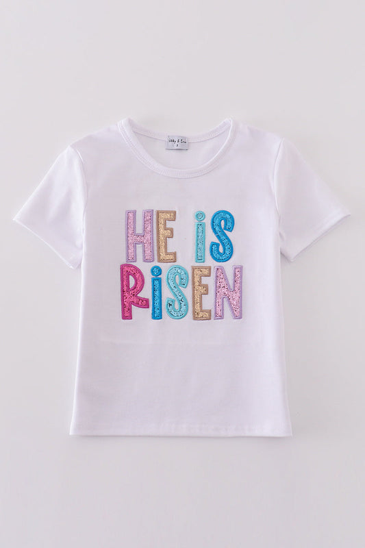 White easter he is risen glitter embroidery girl top