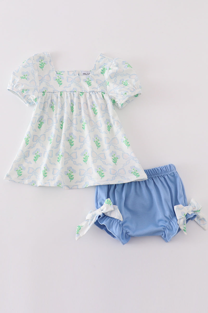 Green leaves bow print girl bloomer set