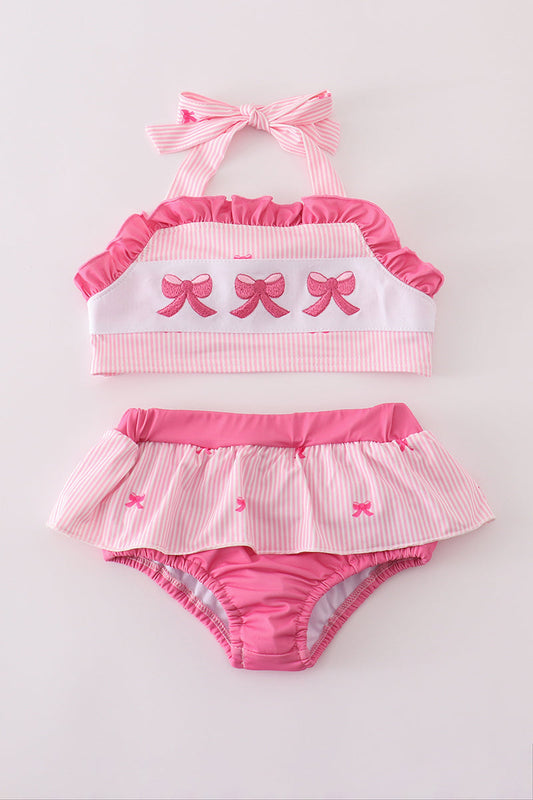 Pink stripe bow embroidery 2pc swimsuit