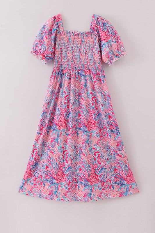 Pink coral reef smocked ruffle dress