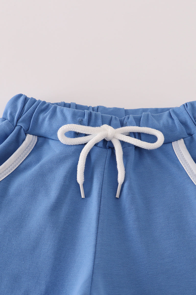 Blue stripe football french knot embroidery shorts set