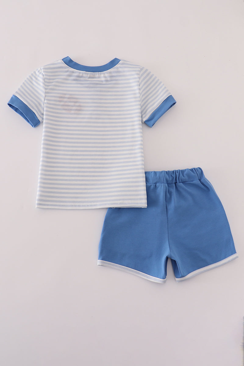 Blue stripe football french knot embroidery shorts set