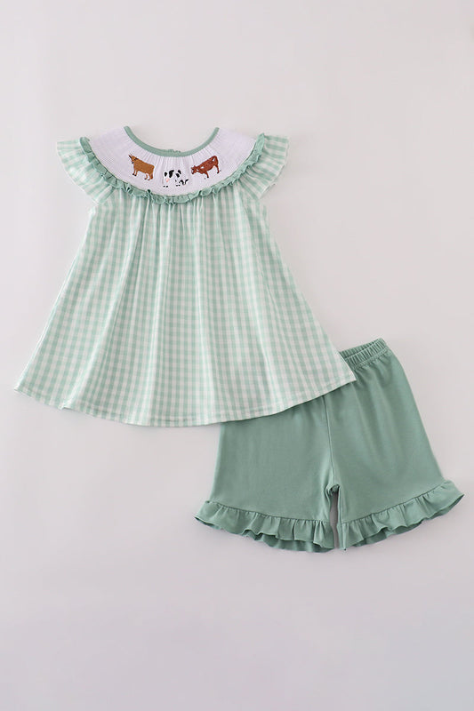 Green cow embroidery smocked gingham ruffle shorts set
