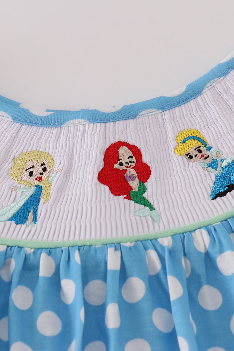 Blue dot character embroidery smocked dress